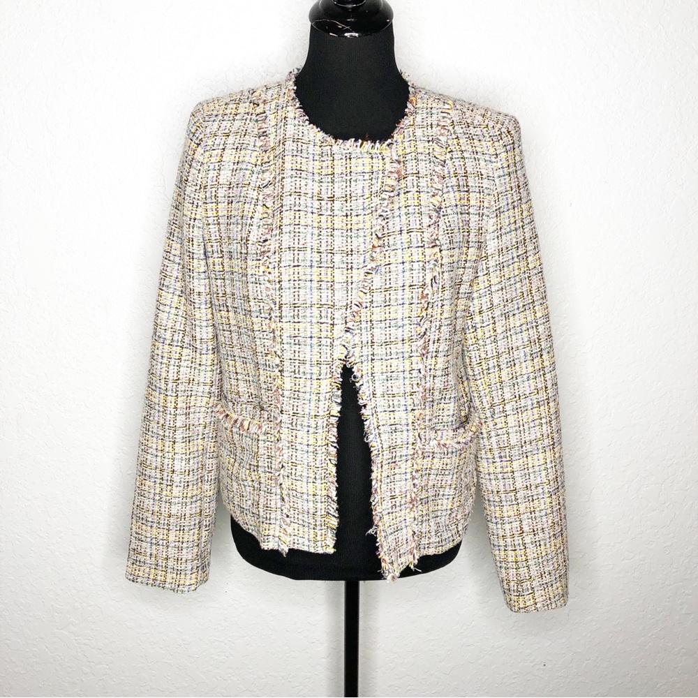 LOFT pink yellow pastel tweed fringe trim open front blazer size 6 office preppy